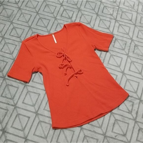 Free People Orange Ribbed Plunging Tie Boho Chic Vacation Short Sleeve Blouse - Picture 2 of 6